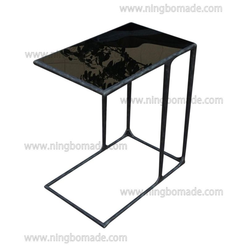Thaddeus Sculptural Forged Collection Black Tempered Glass Top Antique Black Solid Metal Base Sofa Table