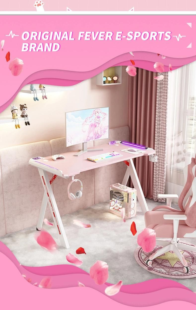 Elites Pink Girl Series Bedroom Modern RGB Light Computer Desk Gaming Desk for PC