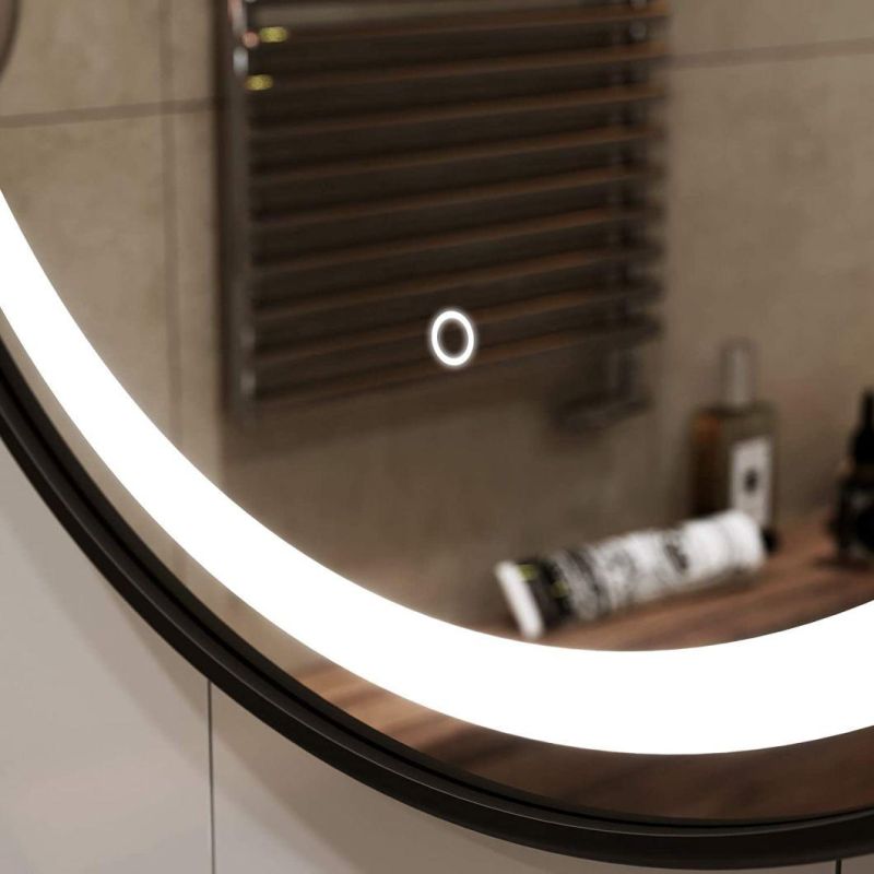 Round LED Lighting Bathroom Mirror, Black Frame, Wall Mounted Dimmable Memory Button, Waterproof