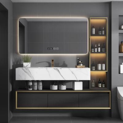 Modern Hotel Storage Wall LED Mirror Bathroom Cabinet with Rock Plate Basin