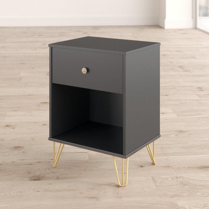 Living Room Furniture Gray Bedside Table 1 Drawer Nightstand End Table Bedroom Furniture with Metal Leg