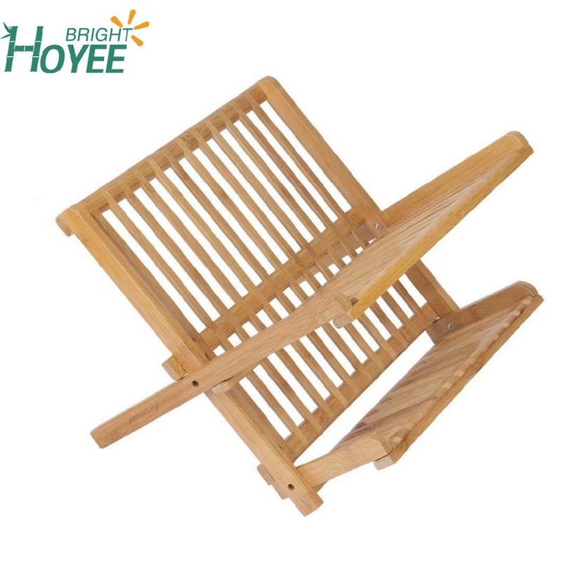 Awesome 2 Tier Natural Bamboo Folding Dish Plate Drying Rack with Drainboard