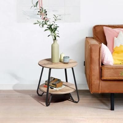Living Room Furniture MDF Top Oak Veneer Sofa End Bedside Round Table Modern Metal Tube Leg 2 Layer Coffee Table for Sale