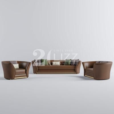 Classical Modern Gold Metal Feet Hotel Home Furniture Living Room Genuine Leather Sofa Set