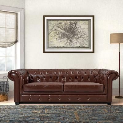 Classic Chesterfield Leather Sofa Home Furniture Fabric Couch with Tufted Low Back for Living Room