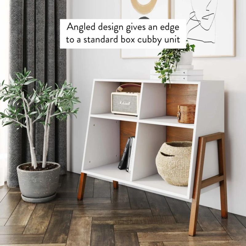 4-Cube Storage Open Shelf with Angled Design, Wood, Brown/White