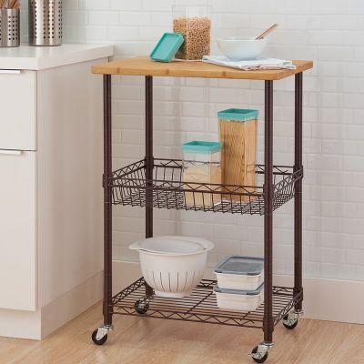 Home Basic 3-Tier Kitchen Bamboo Wood Top Rolling Microwave Cart on Wheels Kitchen Trolley