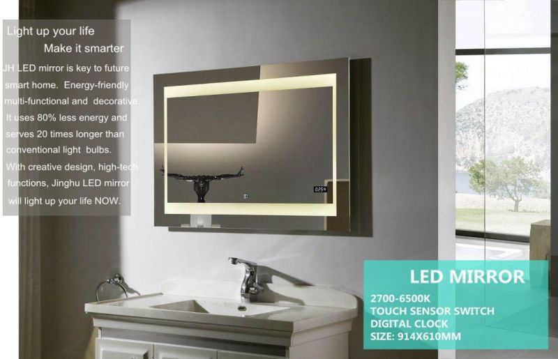 Jinghu China Factory Luxury Dubai Hotel Smart Touch Screen LED Bathroom Furinture Makeup Mirror