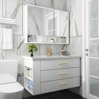 White Melamine Bathroom Vanity with LED Luxury Storage Mirrored Cabinet, Defogging
