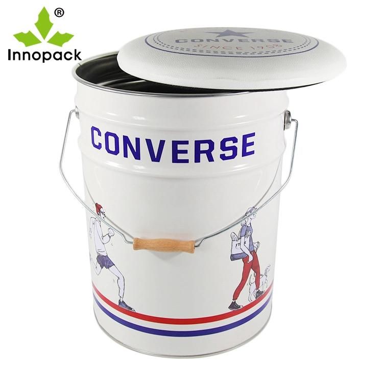 White Prinited Round Tin Bucket Storage Bar Stool Chair with Leather Cushion Cove