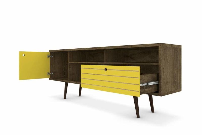 Manhattan Comfort Liberty TV Stand, MID-Century Modern Console with 3 Shelves, 1 Cabinet, 1 Drawer, Large, White/Rustic