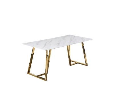 Home Furniture Cafe Hotel Banquet Tempered Glass Marble Top Steel Dining Table