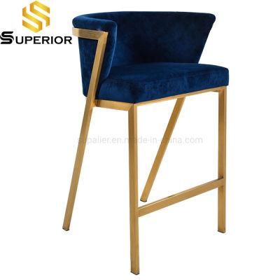 New Design Blue Velvet Bar High Chair with Metal Legs