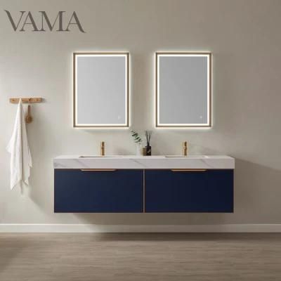 Vama 72 Inch Wholesales High Quality Wall Mounted Classic Blue Lacquer Double Sinks Bathroom Furniture with LED Mirror B01472CB