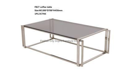 Dopro Simple Style Stainless Steel Polished Silver Coffee Table Fb27, with Grey Tempered Glass Table Top
