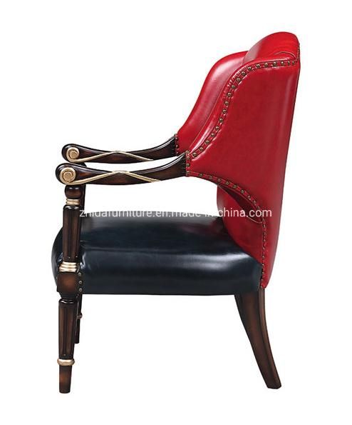 Genuine Leather Red Black Wooden Carved Armrest Chair