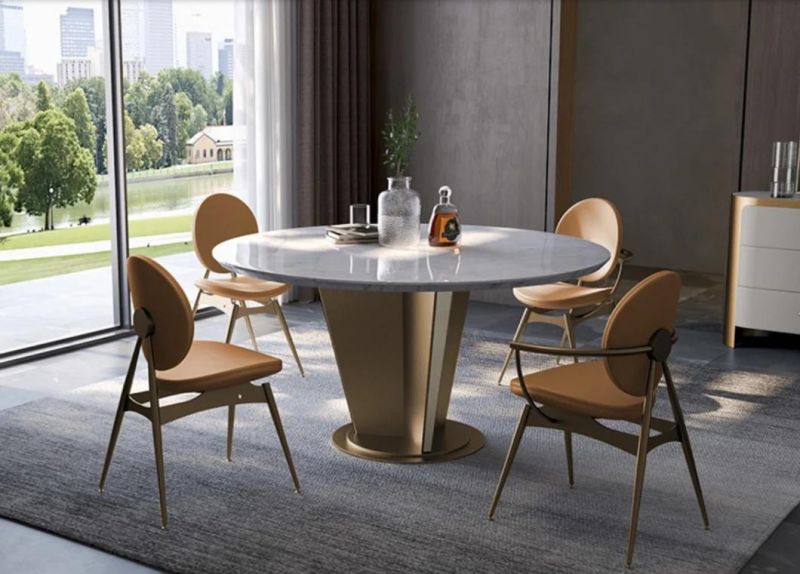 Modern Italian Luxury Style Home Dining Furniture High-End Royal Marble Top Stainless Steel Chrome Frame Dining Tables and Chairs