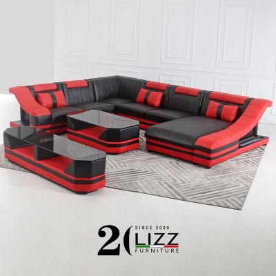 New Design Modern LED Home Furniture Sectional U Shape Leather Sofa with Coffee Table &amp; TV Stand