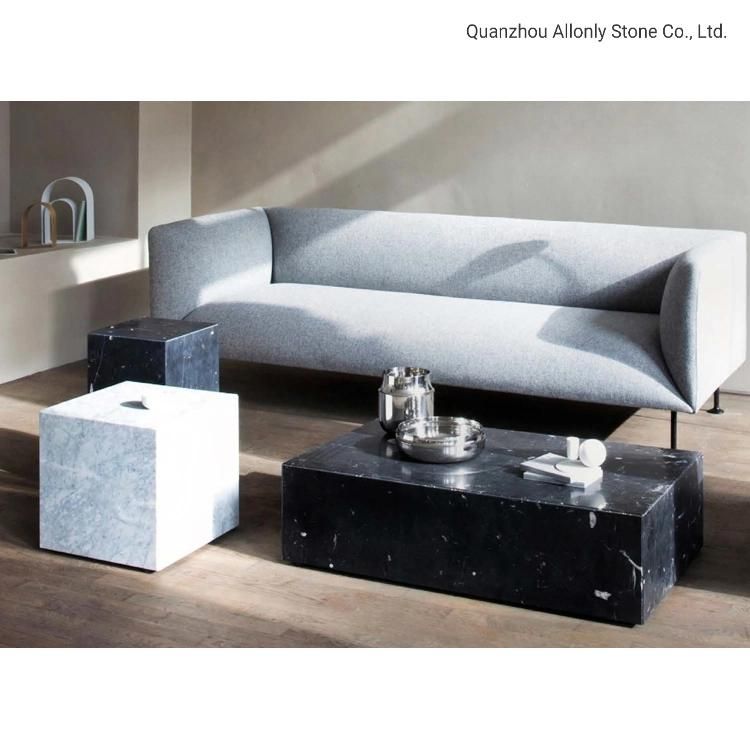 Modern Center Side Low Height Block Square Cube Stone Coffee Table Black Marble Plinth