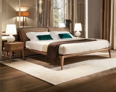 Modern Ash Solid Wood Bed with Double Fabric Cushion on Headboard