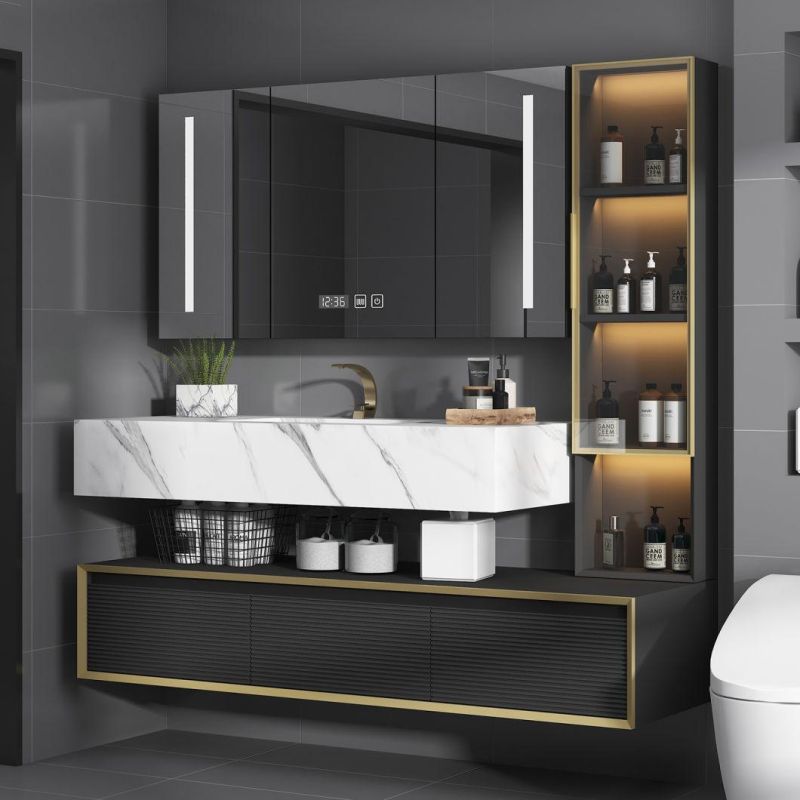 Top Quality High Strength Rock Board Fashion Bathroom Vanity with LED Smart Mirror Cabinet