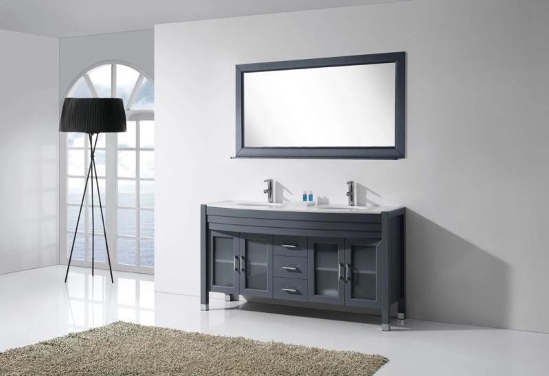 New Grey Double Sink Floor Type Solid Wood Bathroom Cabinet