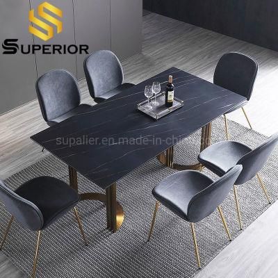 English Modern Black Slate Stone Dining Table with 6 Chairs