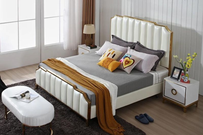 European Modern Light Luxury Bedroom Furniture Leather Bed King Size Wedding Bed