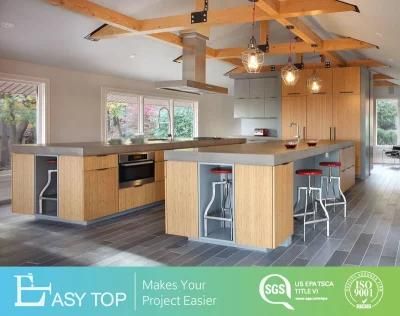 Grey Lacquer Mixed with Wooden Veneer Kitchen Cabinets with Quartz Benchtop