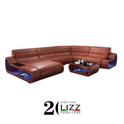 Modern Lounge Furniture Luxury Genuine Leather Sectional Sofa Set with Coffee Table
