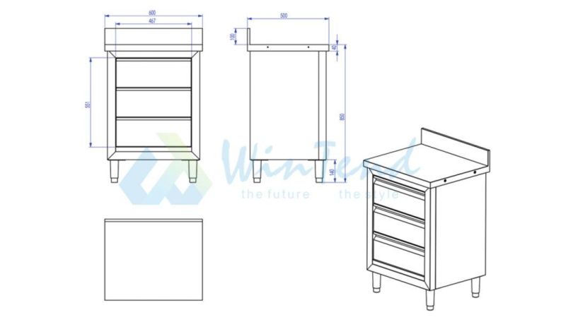 Stainless Steel Storage Drawer Corner Table Cabinet with Backsplash