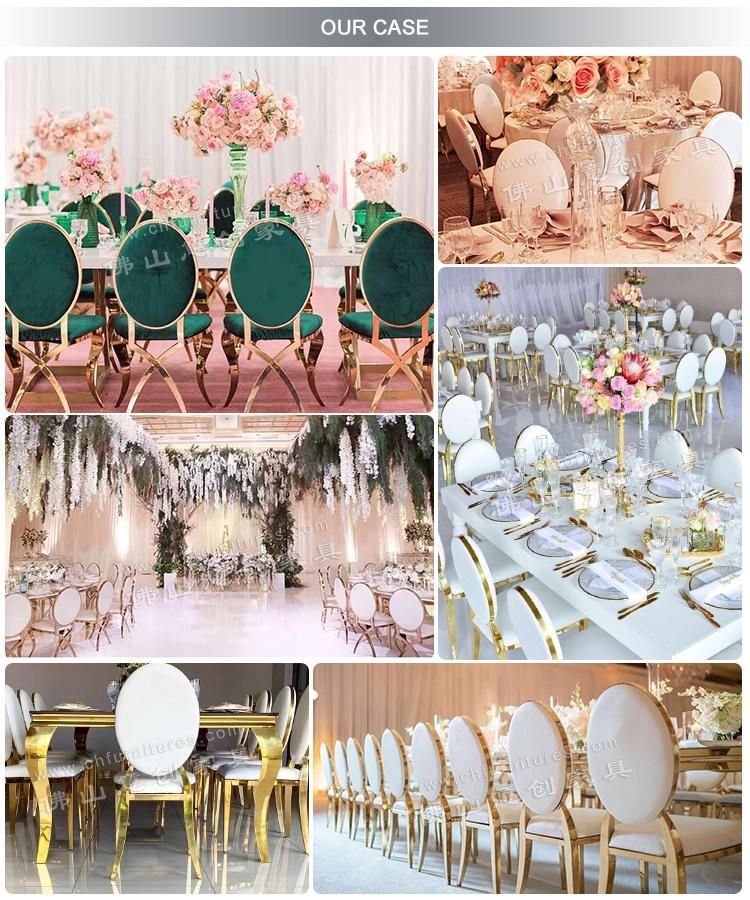 YCX-SS26-01 Comfortable High Density Foam Rsoe Gold Stainless Wedding Chair Round Back