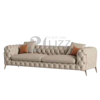 Classical Style European Luxury Gold Metal Feet Home Couch Modern Living Room Low Headrest Genuine Leather Sofa