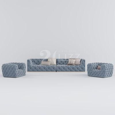 European Style Living Room Solid Wood Chesterfield Fabric Modern Sofa Leisure Home Office Blue Velvet Couch