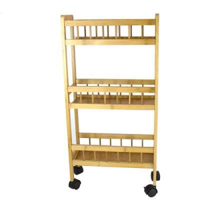 Natural Bamboo Serving Rack Rolling Kitchen Trolley Cart