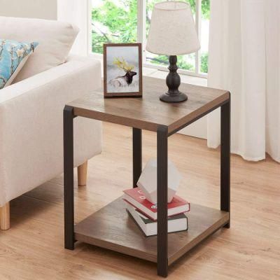Industrial Table with Storage Shelf Square Table Suitable for Living Room Wood and Metal Bedside Frame, Oak
