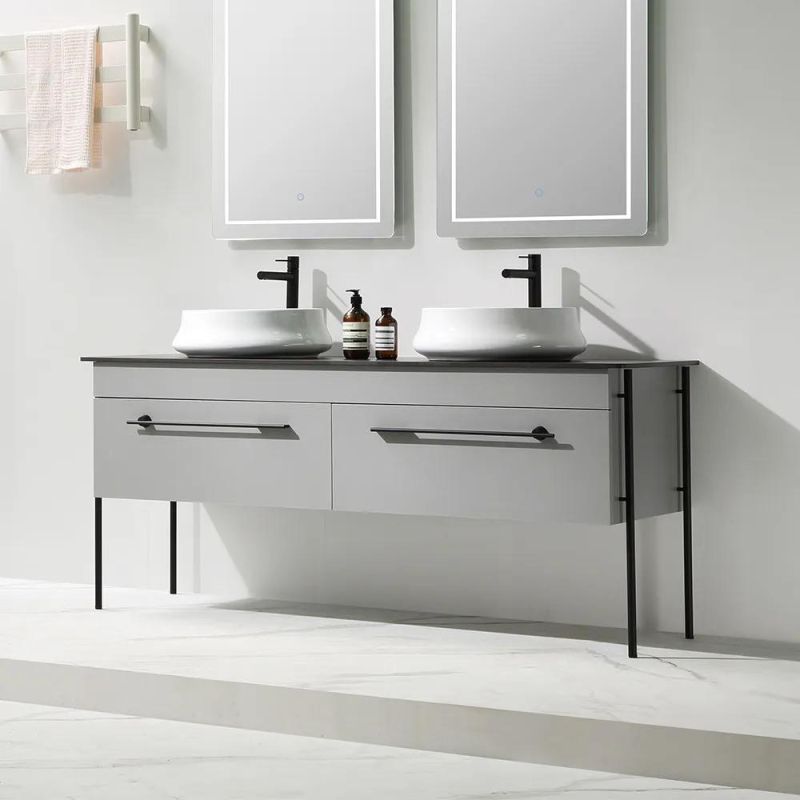 China Factory Wholesale Rock Plate Bathroom Vanity with Double Vessel Sinks 2 Drawers in Gray