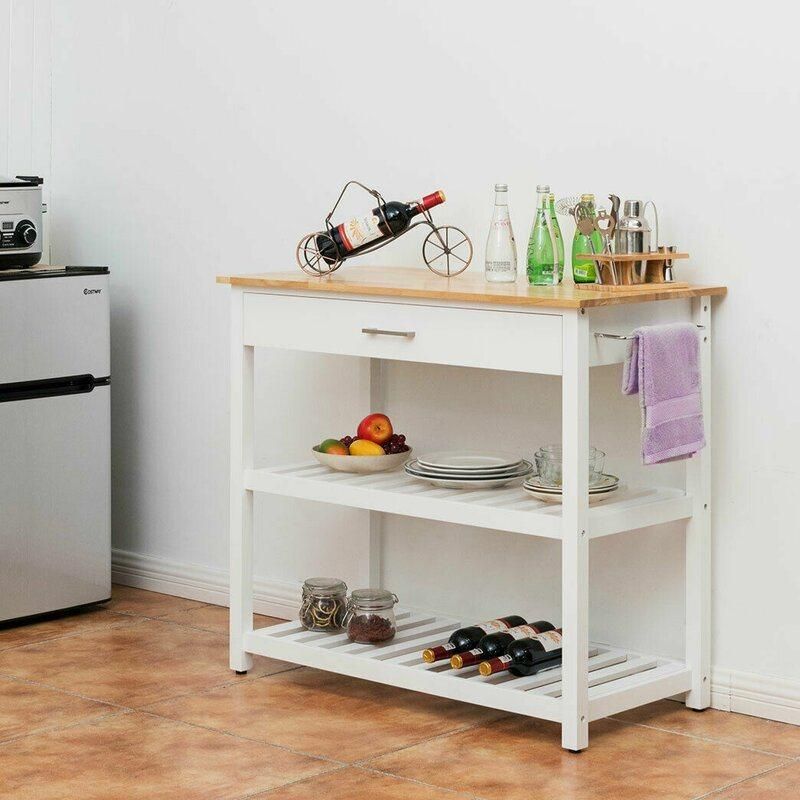 Home Basic 3-Tier Solid Wood Top White Painting Rolling Kitchen Cart with Storage Drawer