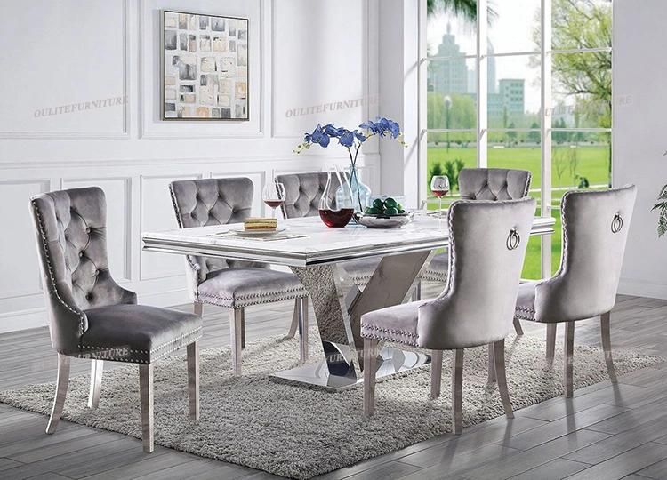 Stainless Steel Base White Marble Dining Table with 6 Chairs
