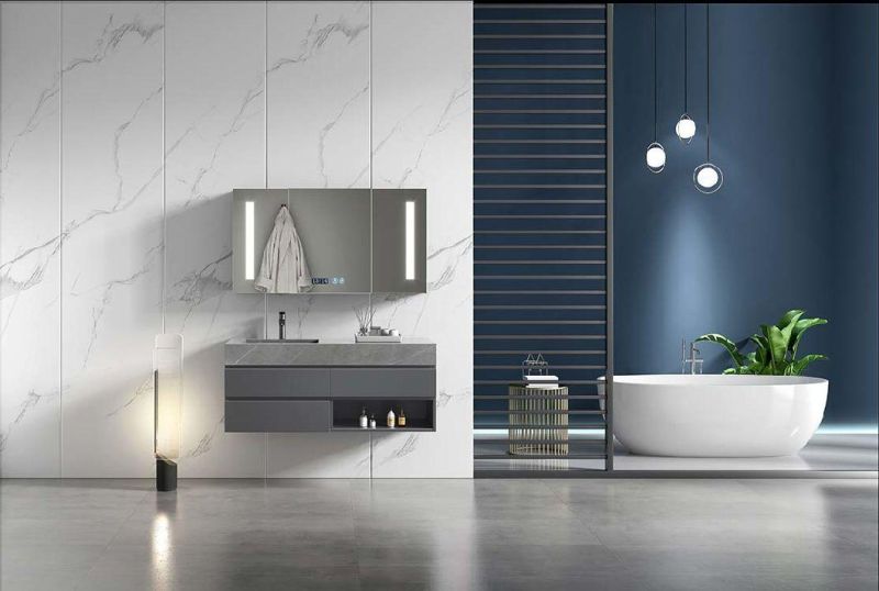 Waterproof Single Sink PVC Vanity Bathroom Cabinet with LED Mirror and Artificial Marble