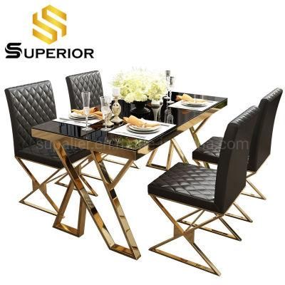 Hot Selling Dining Furniture Gold Frame Black Glass Dinner Table