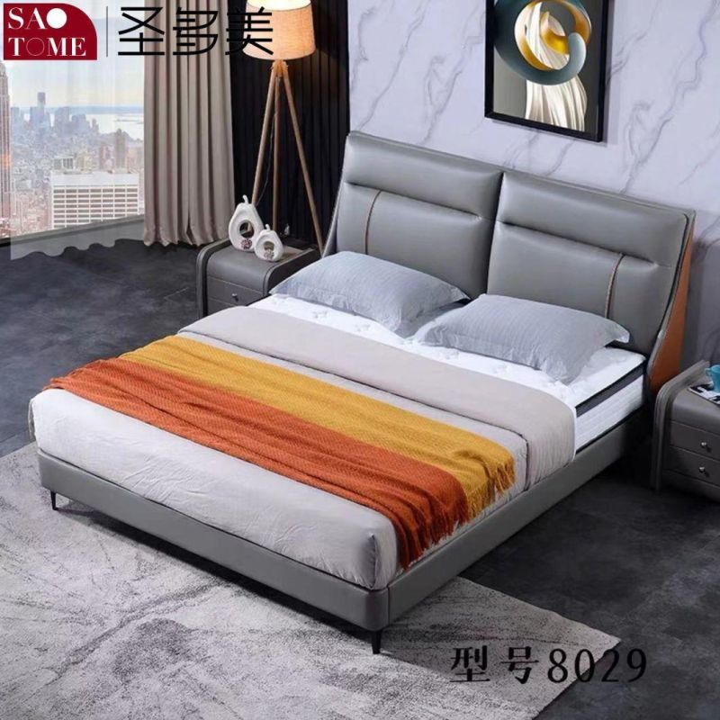 Modern Hotel Bedroom Furniture Light Grey Leather Double Bed