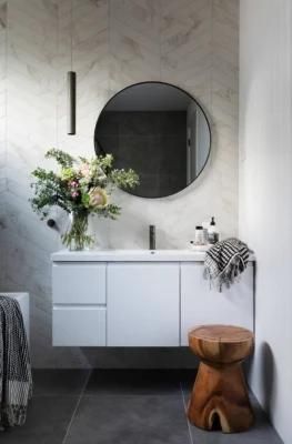 Modern Ensuite Round Mirror Floating Vanity MID-Sized Bathroom White Flat Panel Cabinets