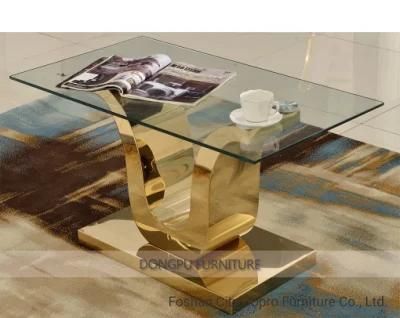 Glass Top Coffee Table with Stainless Steel Titanium U-Shaped Base Post