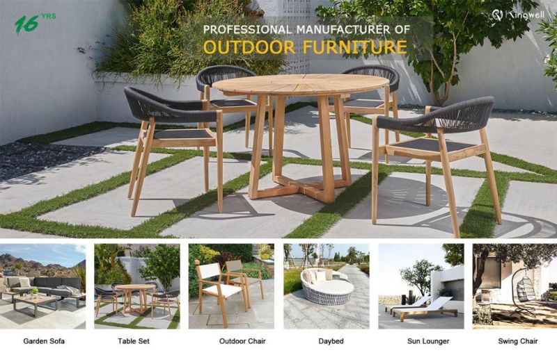 Modern Outdoor Leisure Rope Chair Teak Dining Table Set for Restaurant Garden Patio Commercial Use