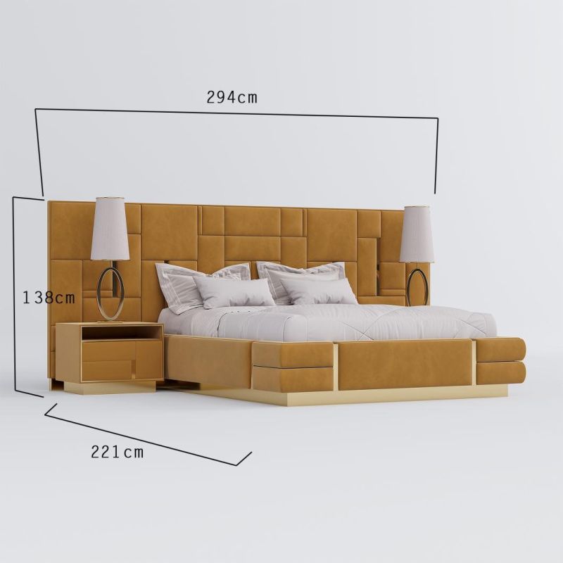 Modern Luxury Leather/Fabric Double Queen Size Bedroom Furniture European Yellow Leisure Bed Set