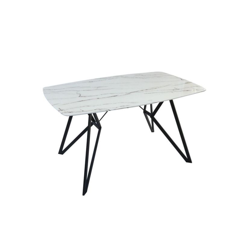 Modern Furniture Hot Sale Tempered Glass Marble Effect Dining Table with Coated Steel Tube Leg