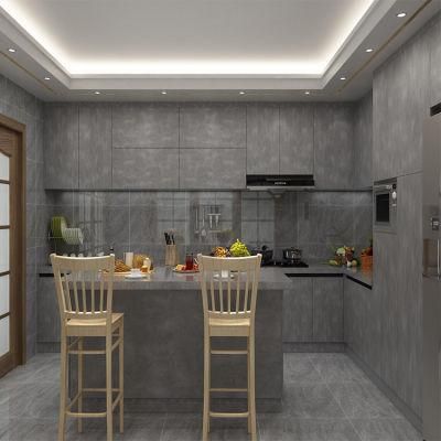 Modern Fitted Water Proof Wood Grain Plywood Kitchen Cabinets Designs Grey Color Melamine MDF Kitchen Cabinet