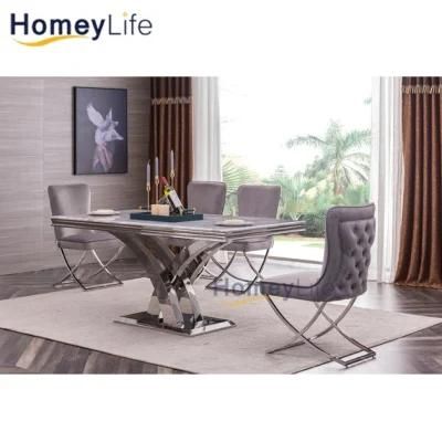 Contemporary Modern Marble Dining Table with Silver Chrome Metal Legs