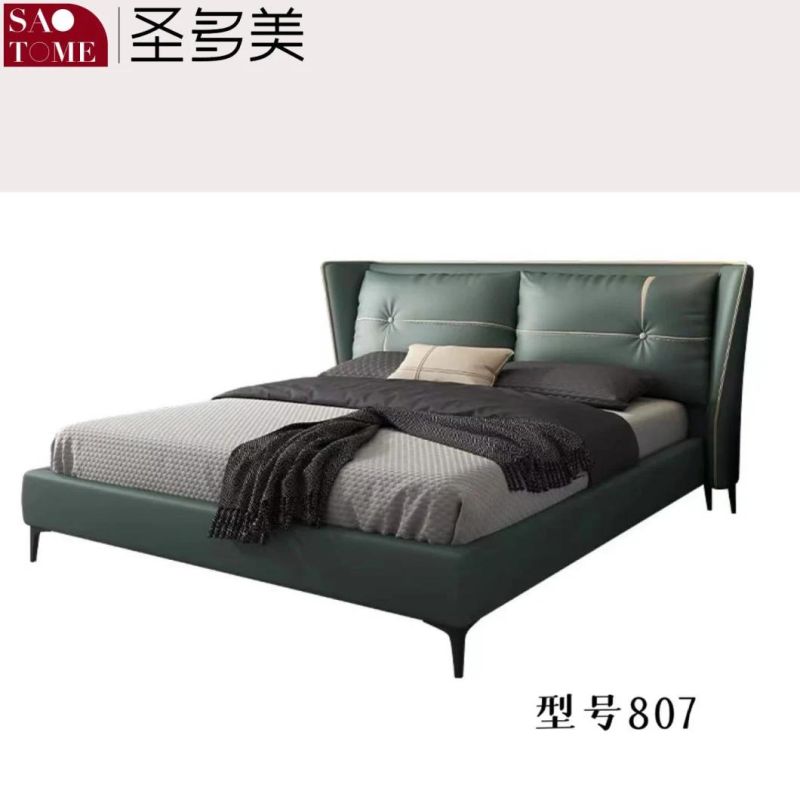 Modern Upscale Hotel Bedroom Furniture Green with Navy Blue Leather Double Bed